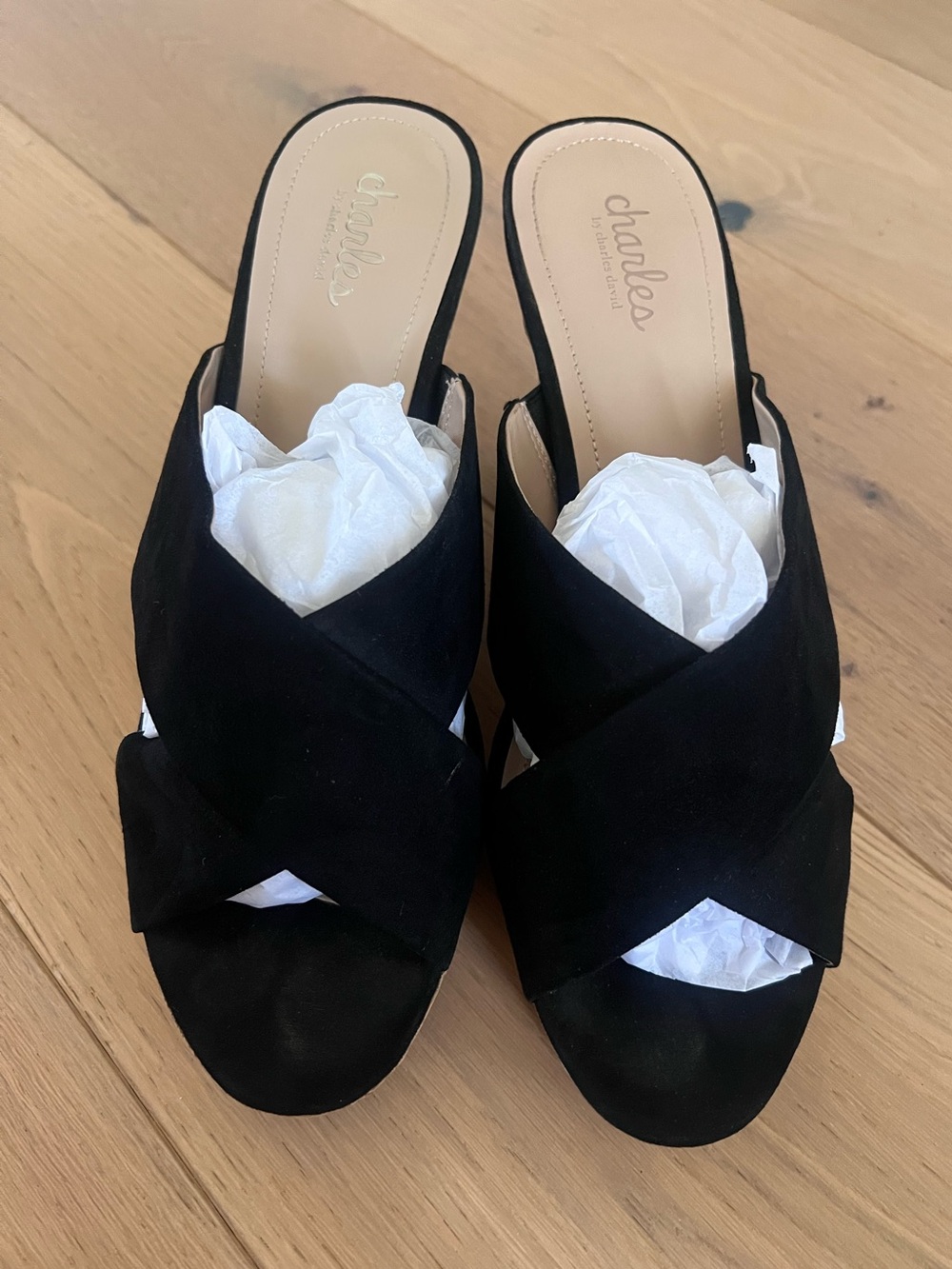 Charles by Charles David Black Suede Crisscross Wedges